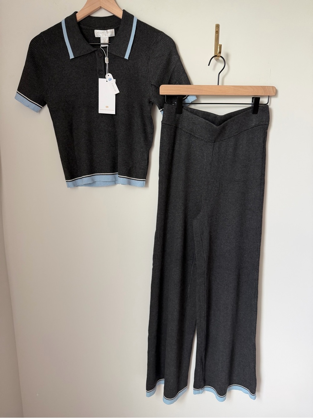 Dark grey blue trim Knit short sleeve polo shirt and Wide-Leg set